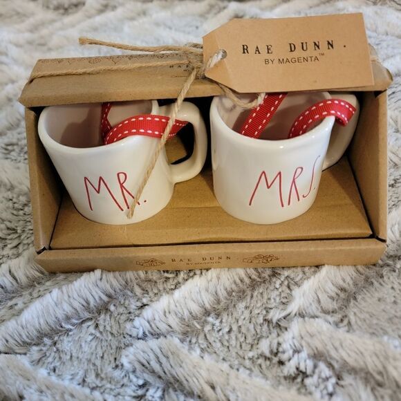 NIB Rae Dunn Mrs. & Mrs. Mini Mugs Christmas Ornaments Ceramic Farmhouse - Picture 1 of 1